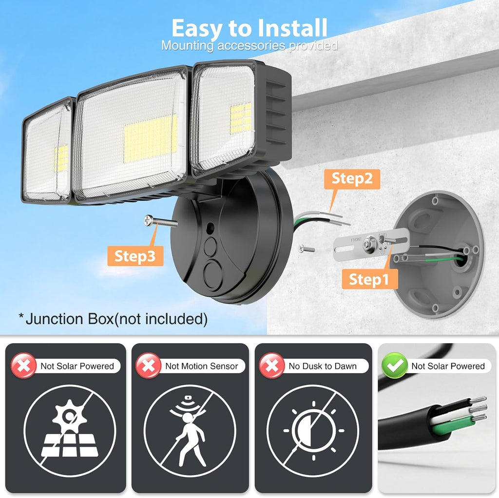 100W 11000LM Flood Lights Outdoor, Brightness Security LED Flood Lights with 3 Adjustable Heads, Switch Controlled