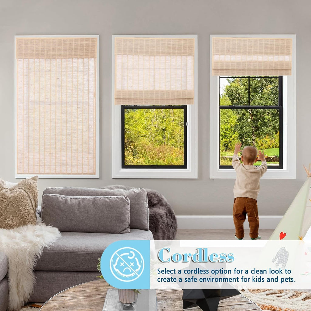 Blackout Bamboo Roman Shades Cordless, Woven Wood Natural Reef Roman Shade for Windows, Doors, Porch
