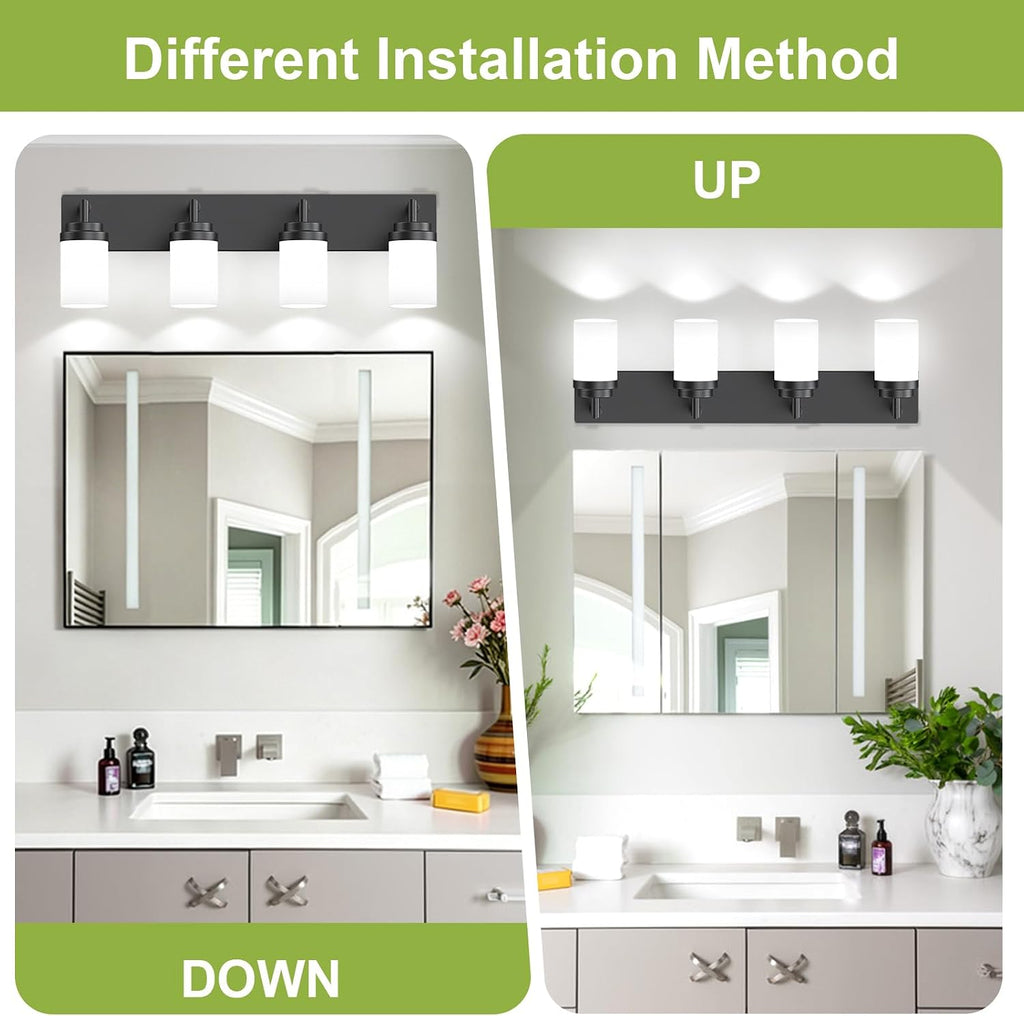 Bathroom Light Fixtures, Matte Black Bathroom Lighting Fixtures Over Mirror, Modern Vanity Light with White Glass