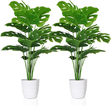 Set of 2 Artificial Monstera Deliciosa Plants in Pots, Fake Tropical Palm Tree with Greenery Leaves Stems, 28 Inch