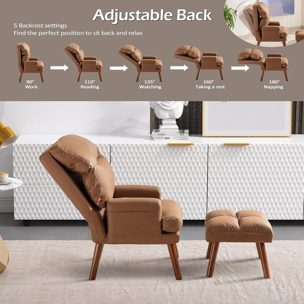 Modern Accent Chair with Ottoman, Soft Fabric Armchair with Adjustable Backrest and Side Pockets, Comfy Lounge Chair