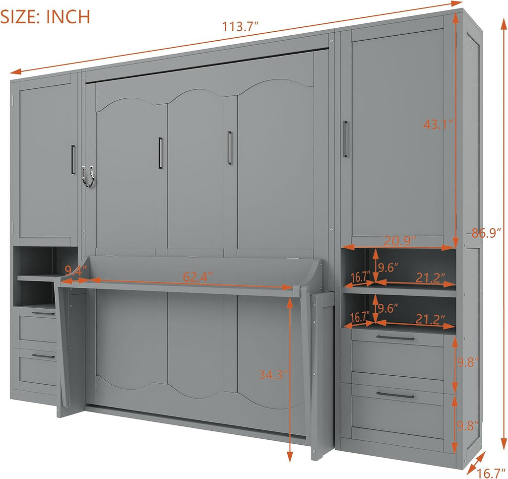 Queen Murphy Bed with Desk, Multifunctional Foldable Wall Bed with Closet, Drawers and Shelves, Space-Saving Wood