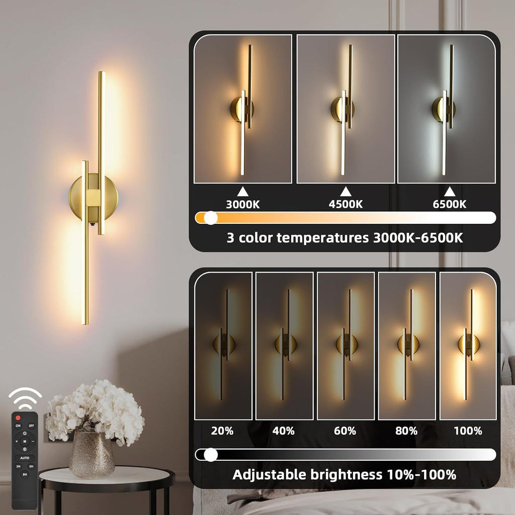 Battery Operated Wall Sconce Set of 2,Gold 23.6" 3000K-6500K LED Dimmable Wall Sconces with Remote Control,Wireless