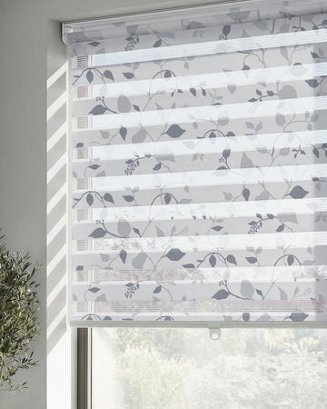 Cordless Zebra Blinds for Windows, Foggy Laurel| Patterned Dual Layer Free-Stop Roller Shades