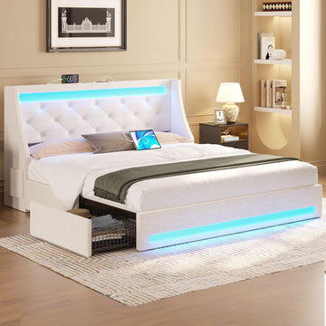 Queen Bed Frame with LED Lights and Charging Station, Upholstered Bed with Drawers, Wooden Slats, Noise Free