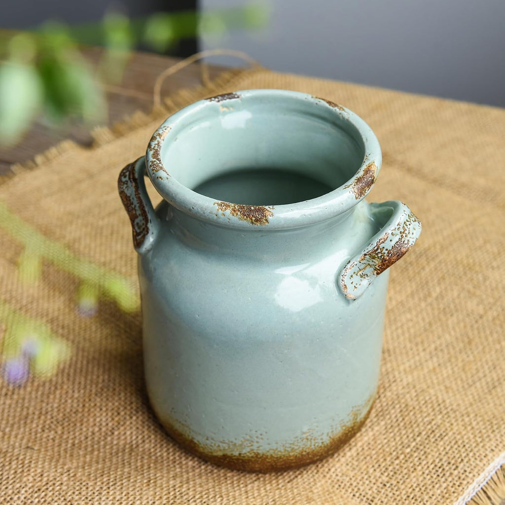 Ceramic Rustic Farmhouse Vase, Distressed Decorative Flower Vases