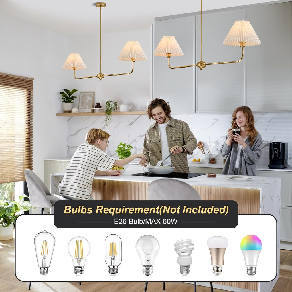 2-Light Gold Linear Chandelier with White Fabric Shade | 55" Modern Dining Room Light Fixture, Kitchen Island