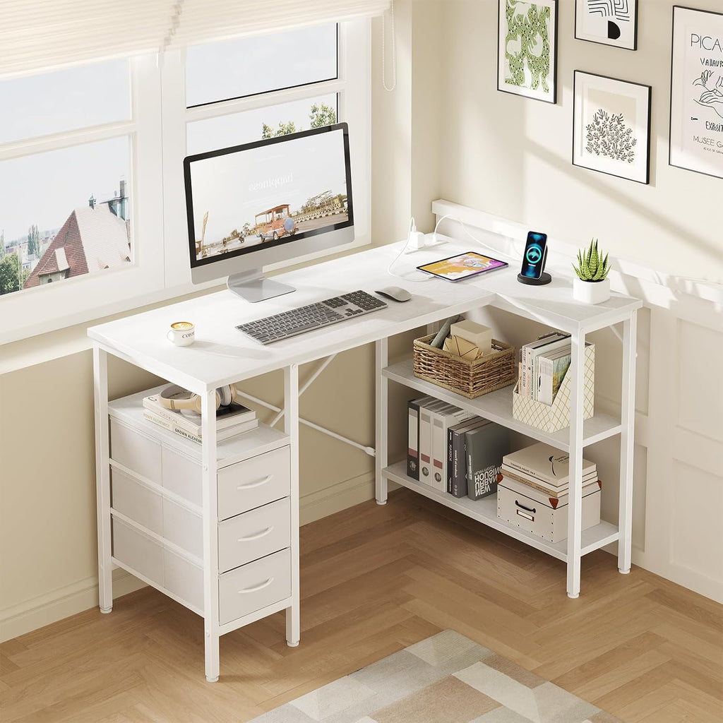 L Shaped Desk with Shelf Drawers 47 Inch, White Corner Computer Desks Gaming with Power Outlet