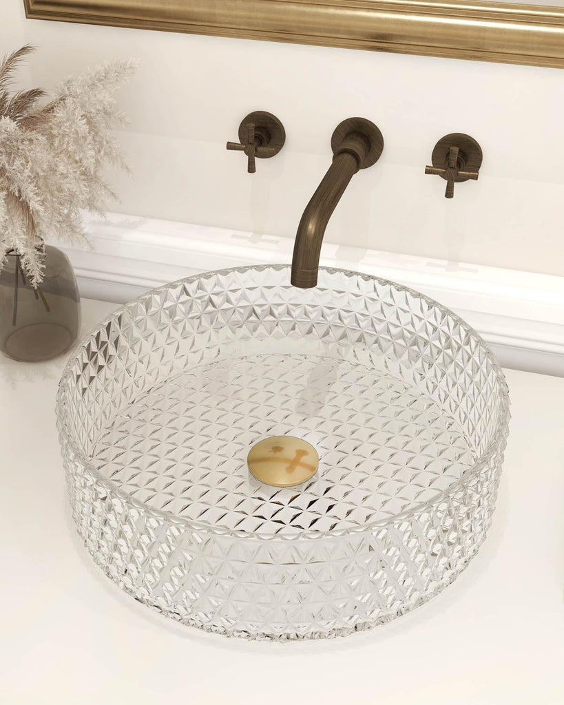 Bathroom Vessel Sink Round Vessel Sink 15.35" x 4.33" Transparent Diamond Shaped Crystal Glass Bathroom Sink