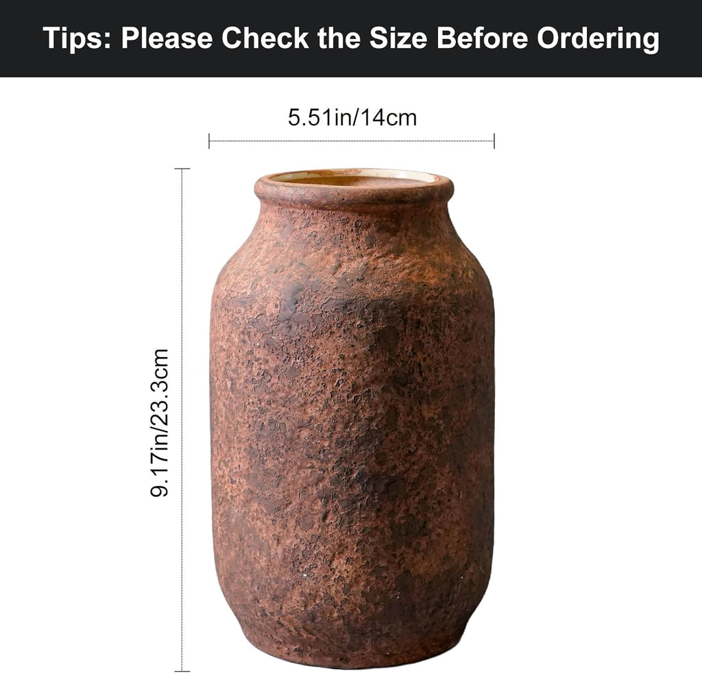Terracotta Farmhouse Vase, 9 Inch Rustic Ceramic Flower Vases