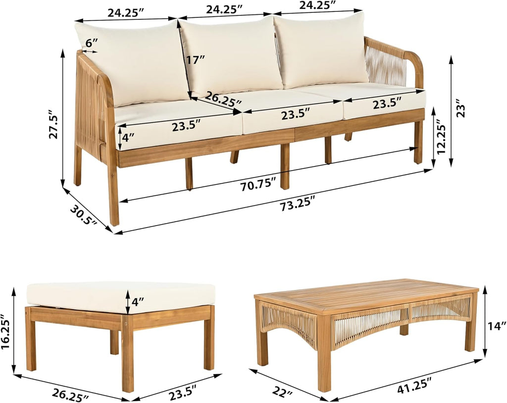 Havets 3 Pieces Acacia Wood Patio Furniture Set, Faux Rattan Sofa and Coffee Table, Outdoor Conversation Sets with 6"