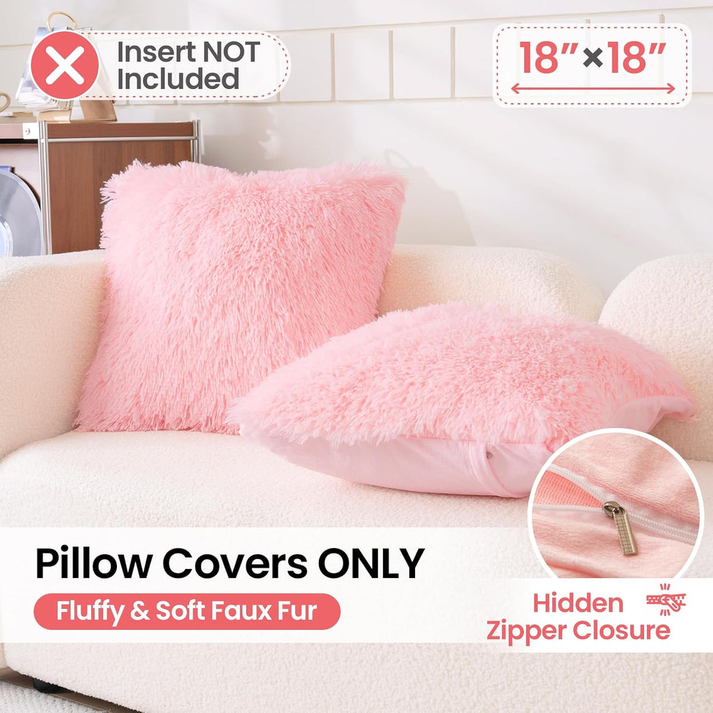 Faux Fur Pink Throw Pillow Covers, Fluffy Soft Fuzzy Decorative Pillow Cases Cute Pillowcases, Zipper Closure, Set of