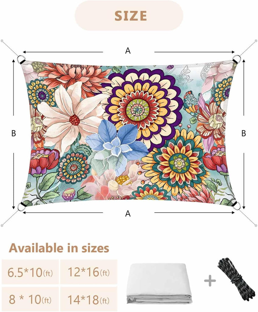 Sun Shade Sail 8'x10' Boho Floral Rectangle Sun Shade Sails Canopy Waterproof Mandala Flowers Plant Outdoor Sunshades