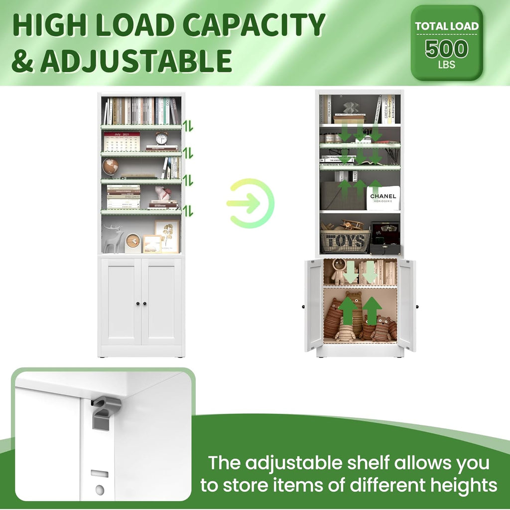 71" Metal Bookcase with Adjustable Shelves 7 Tier Bookshelf with Doors,Tall Display Cabinet Industrial Bookshelves