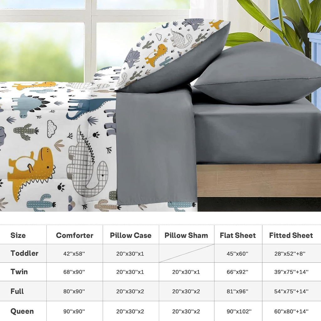 7 Pcs Comforter Set, Cute Dinosaur Dino Bedding for Kids Teen, Blue Yellow Dragon with Fitted Sheet 2