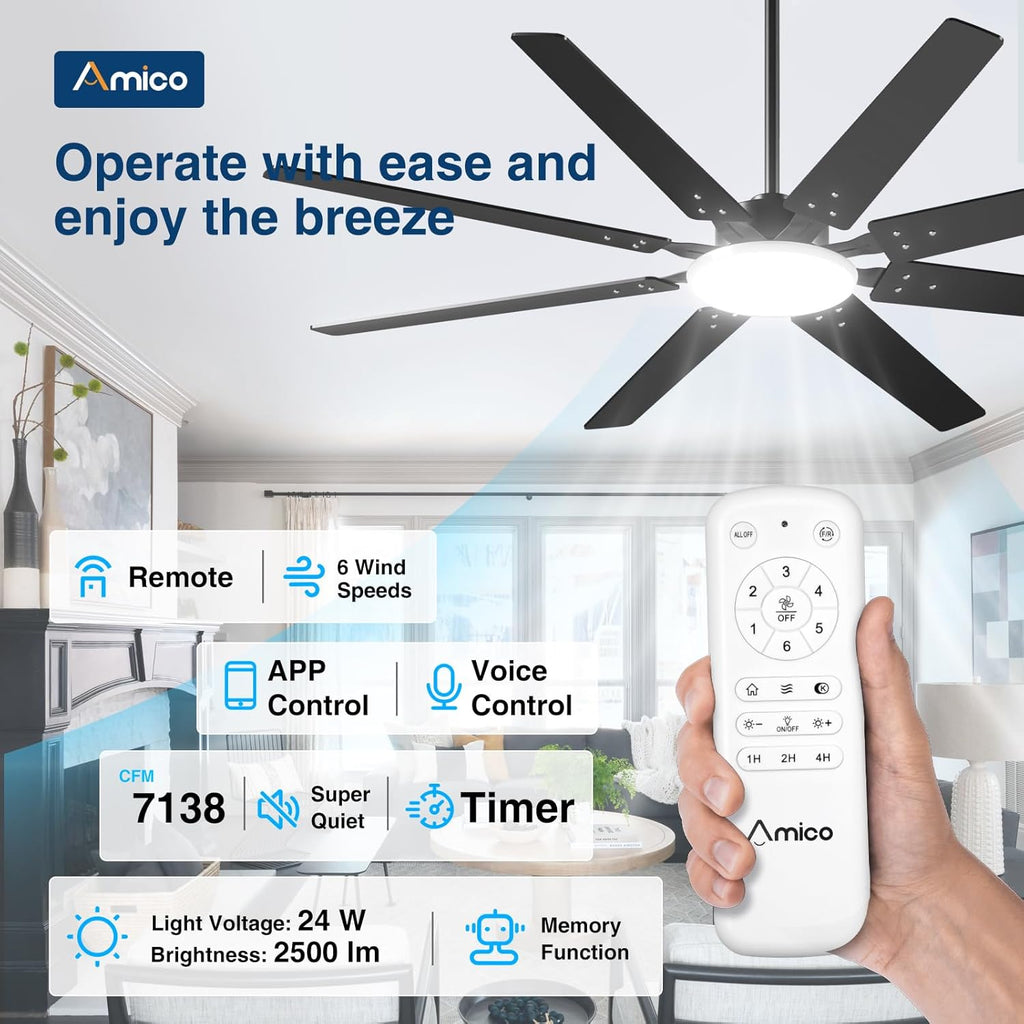 Ceiling Fans with Lights, 72 inch Smart Ceiling Fan Compatible with Alexa/App/Remote Contro,Reversible DC Motor