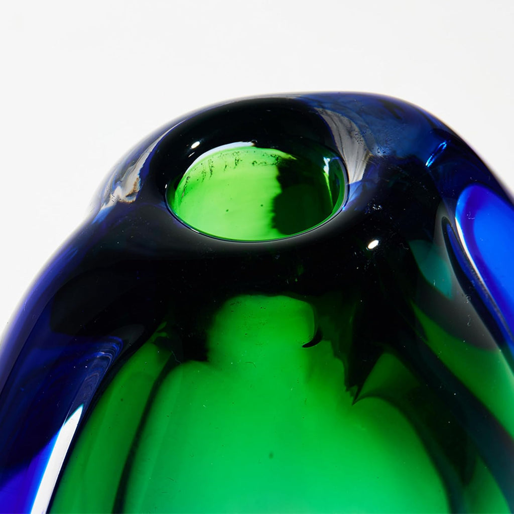 Hand Blown Sommerso Oval Art Glass Vase for Decor 8.5 inch Tall Centerpiece Table Decoration Emerald Green