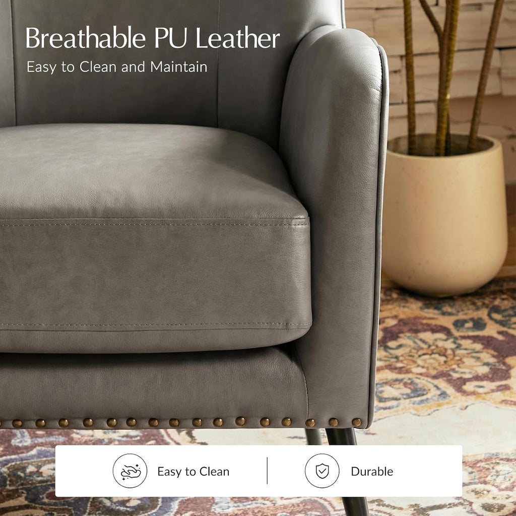 Faux Leather Accent Chair, Grey | Wingback design with removable cushion, nailhead trim, and metal legs , reading