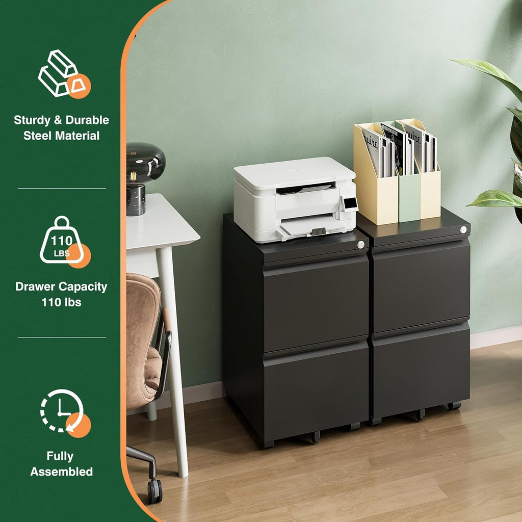 Mobile File Cabinet with Lock,2 Drawer Under Desk Metal Rolling Filing Cabinets Organizer Letters/Legal/A4(Fully