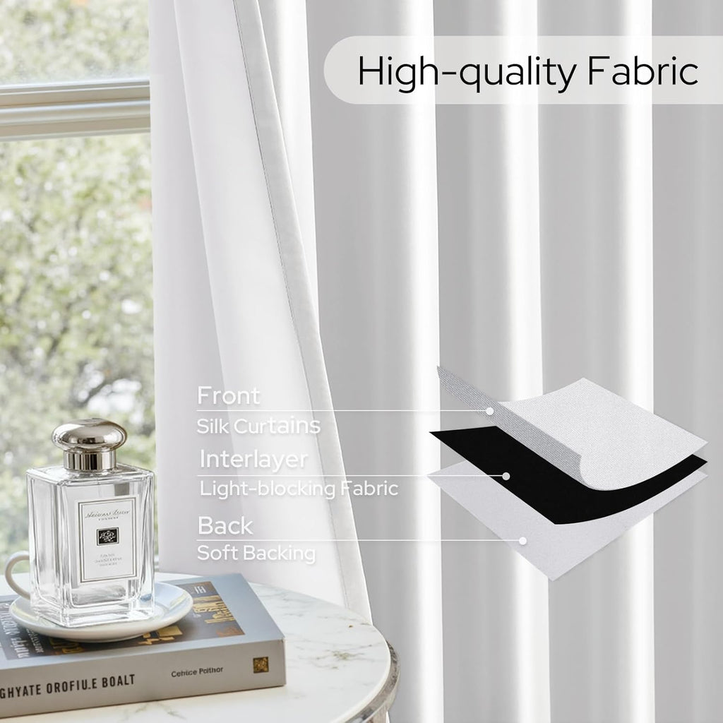 100% Blackout Faux Silk Curtains,Greyish White Noise Reduction Thermal Insulated Room Darkening Window Drapes, Luxury (2 Panels)