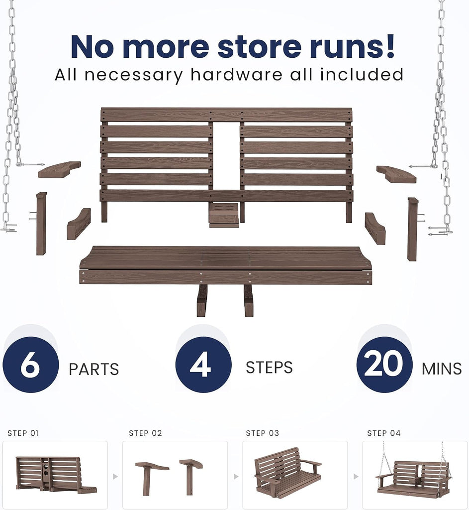 Outdoor Hanging Porch Swing, Waterproof Swing with Cup Holders for Courtyard & Garden, 660LBS Weight Capacity, White