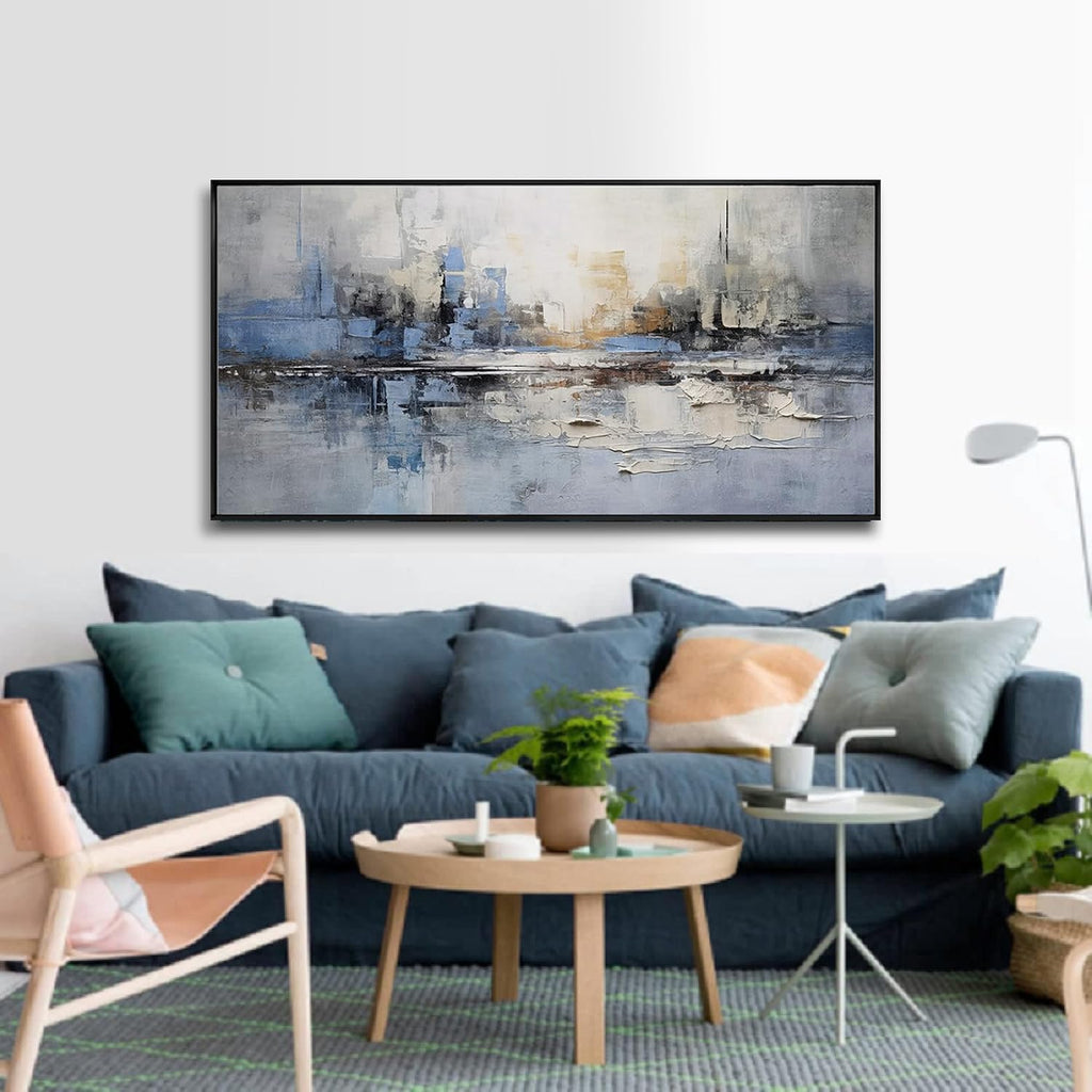 Abstract Wall Art Blue and White Reflection Framed Artwork Wall Decor Canvas Painting Stretched Canvas