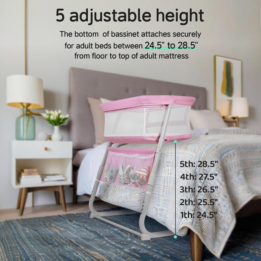 Bassinet Bedside Sleeper,Baby Bassinet Slides Over Bed,5-Position Height Adjustment & Breathable All-Mesh Wall