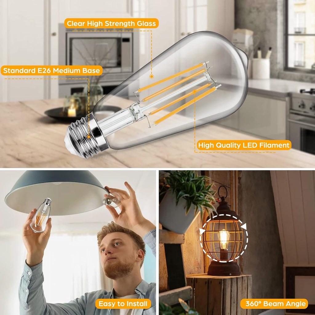 4-Pack Vintage LED Edison Bulbs 100W Equivalent 1400LM High Brightness 8W ST58 LED Filament Light Bulbs 3000K Warm