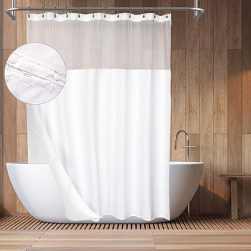 Hotel Style Cotton Shower Curtain with Snap-in Liner White | Cotton Blend, Honeycomb Waffle Weave, Fabric Snap on/off