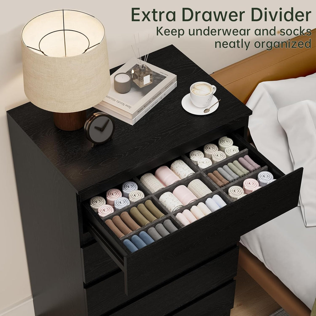 Black Wood Dresser , 5 Drawer for Clothes Storage | Handle-Free, Tall Wooden Chest Drawers , Night Stand