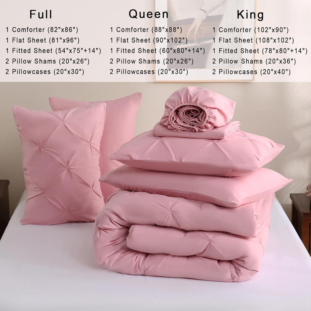 7 Pieces Pink Comforter Set, Pintuck Pinch Pleat Bed in a Bag