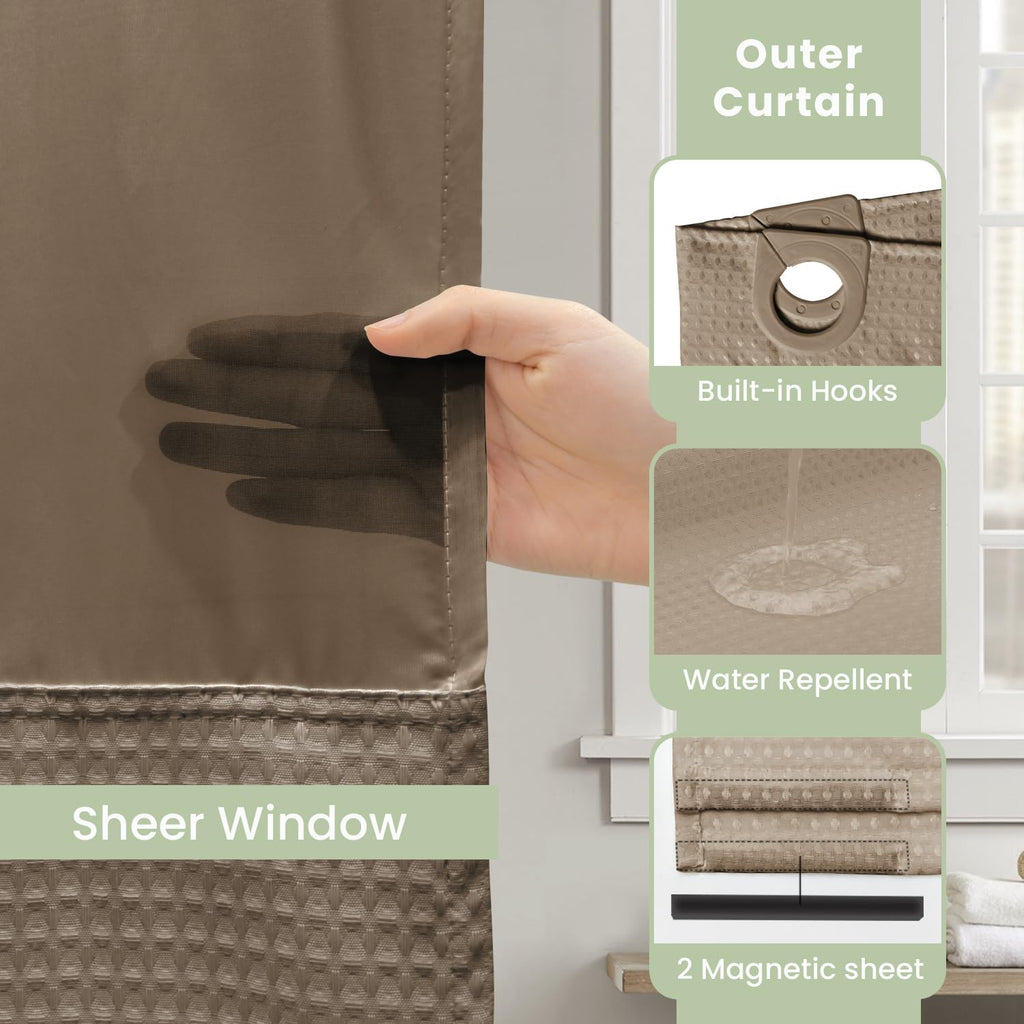 No Hook Shower Curtain with Snap-in Fabric Liner, Waffle Weave 230 GSM Polyester, Weighted Hem, Water Repellent