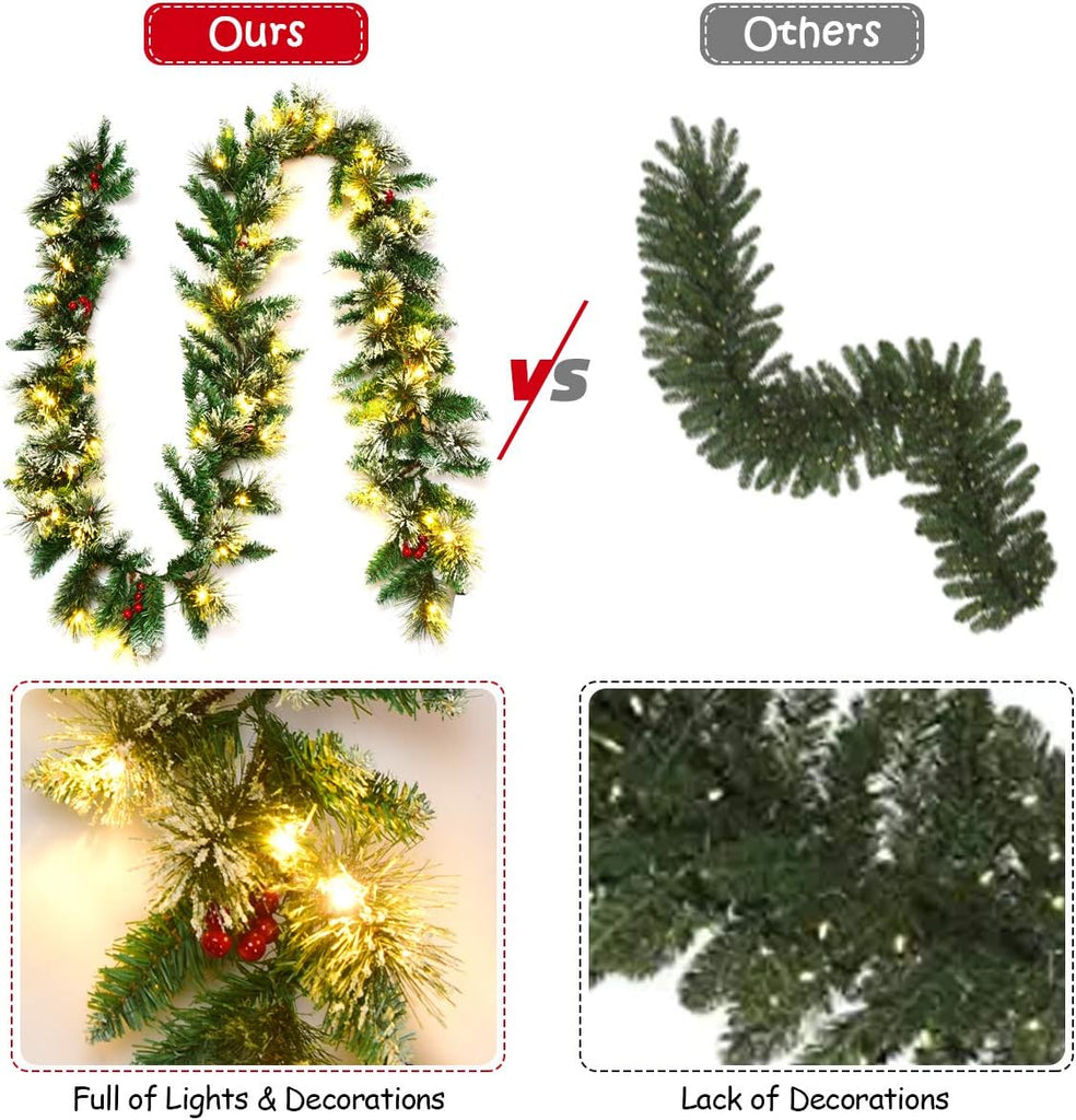 9FT Pre-lit Christmas Garland, Artificial Christmas Pine Rattan w/Timer, 50 LED Lights and Red Berries, Ideal for