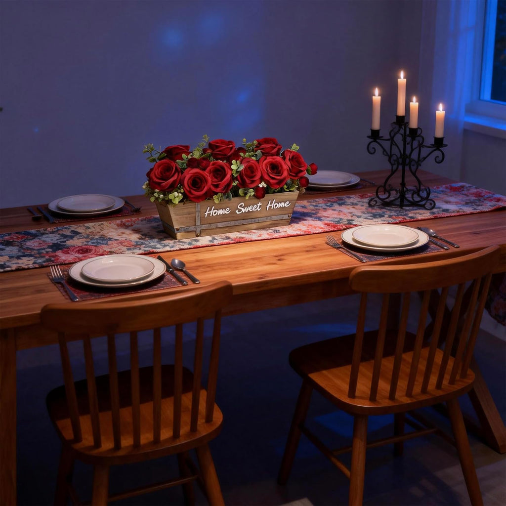 Artificial Rose Flower Arrangement with Eucalyptus in Wooden Planter, Faux Flowers Farmhouse Table Centerpiece