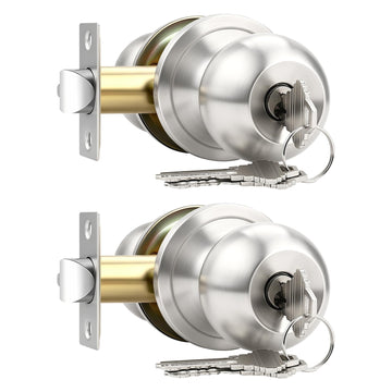 2 Pack Entry Door Knob with Lock, Keyed Different Door Lock for Exterior Door and Front Door, Standard Ball, Satin