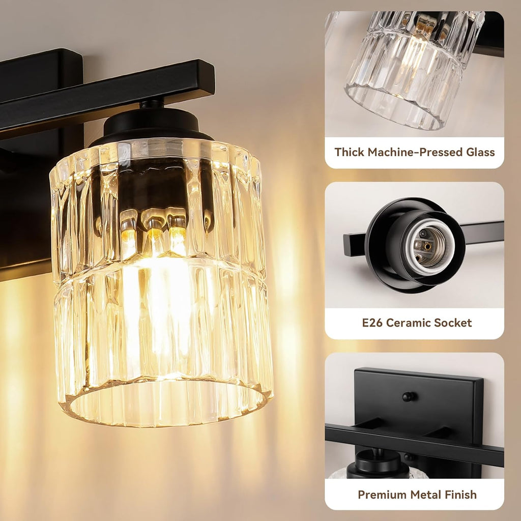 Black 3-Light Bathroom Vanity Light with Fluted Cylinder Glass Shade | Modern Vanity Lighting Fixtures, Bathroom