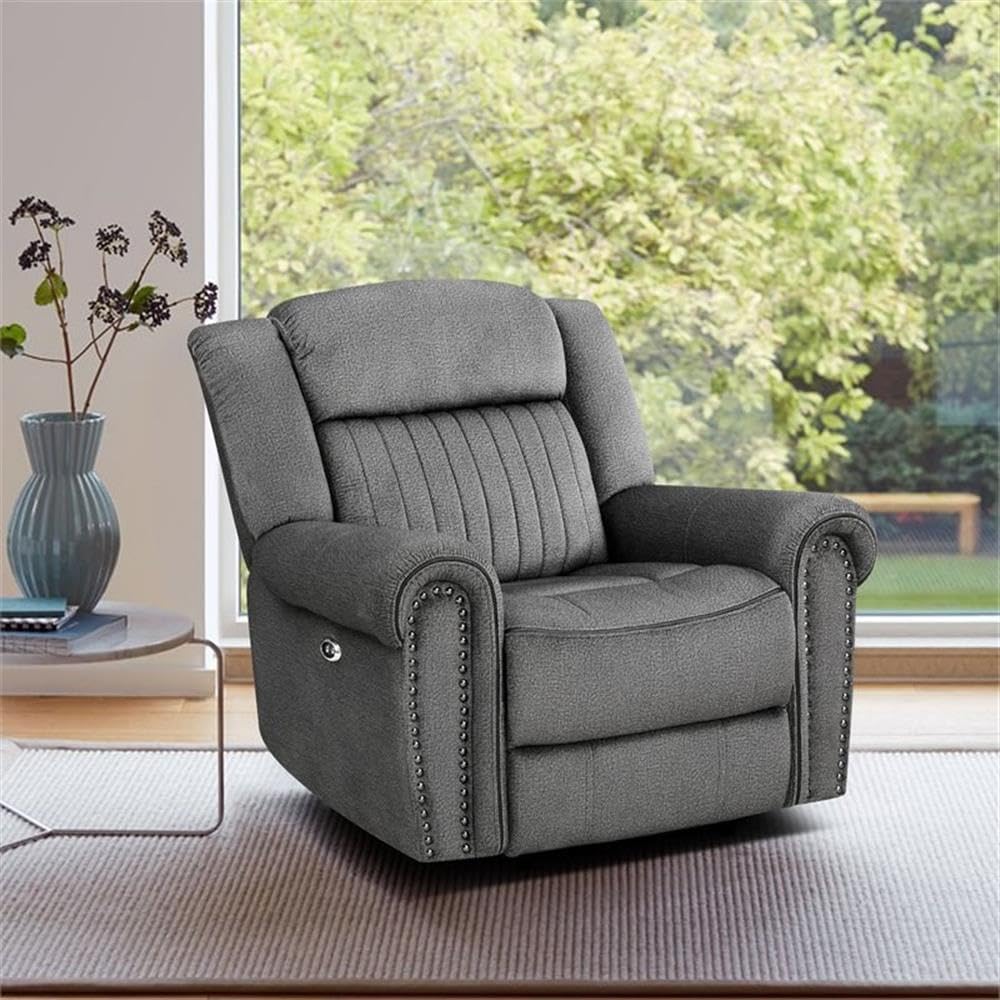 Microfiber Power Reclining Chair, Charcoal Textured Fabric, Nailhead Trim, 40"H x 41"W x 38"D, Solid Wood Frame