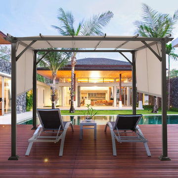 10x10FT Outdoor Patio Shade Structure, Steel Pergola with Retractable Canopy Shades, Rustproof Metal for Patio