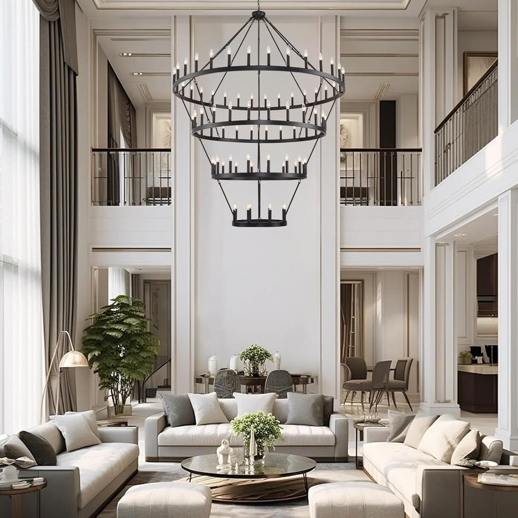 70 Inch Wagon Wheel Chandelier - 4-Tier 84-Light Black Farmhouse, Adjustable 100-160 Inch Height for High Ceilings