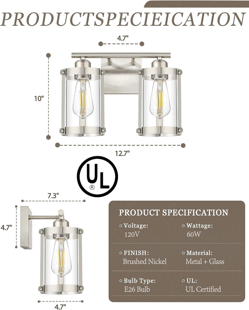 2-Light Brushed Nickel Bathroom Light Fixtures, 13.8 Inch Modern Bathroom Vanity Lighting Fixtures Over Mirror with