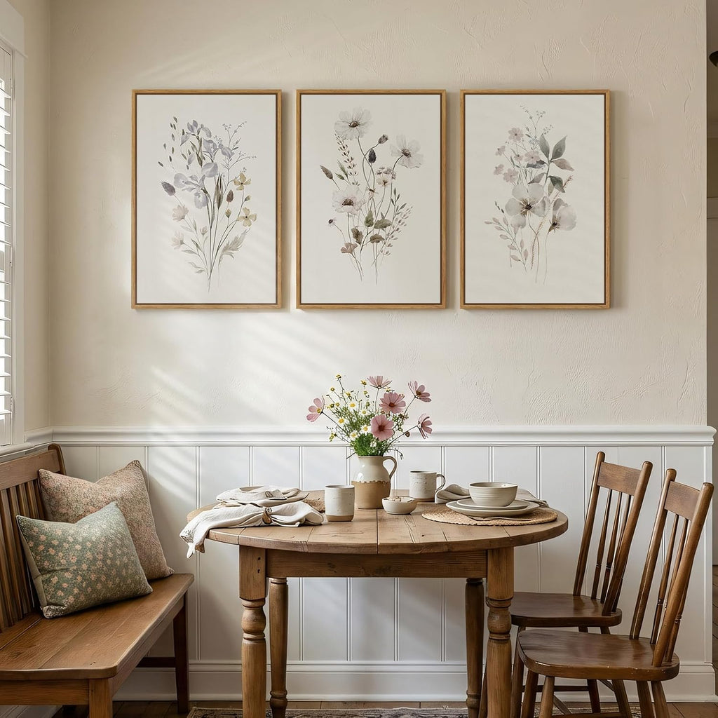 Framed Neutral Floral Botanical Wall Art Set of 3, Modern Farmhouse Flower Canvas Prints Paintings, Rustic Minimalist
