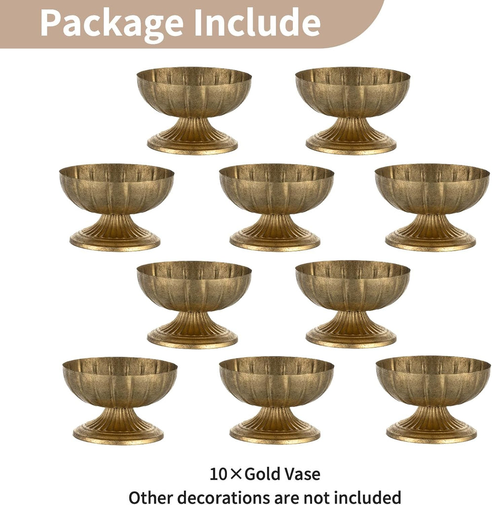 Gold Compote Vase for Centerpiece, 8.5" Wide Opening, 10 Pcs | Distressed Brass Urn, Short Pedestal Footed Bowl, for