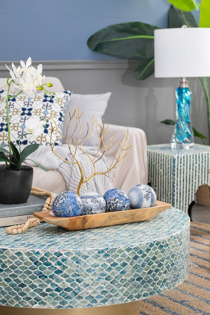 Set of 4 Porcelain Decorative Spheres - Handcrafted Blue and White Floral Orbs, Same Size, Decor, Tabletop Accent