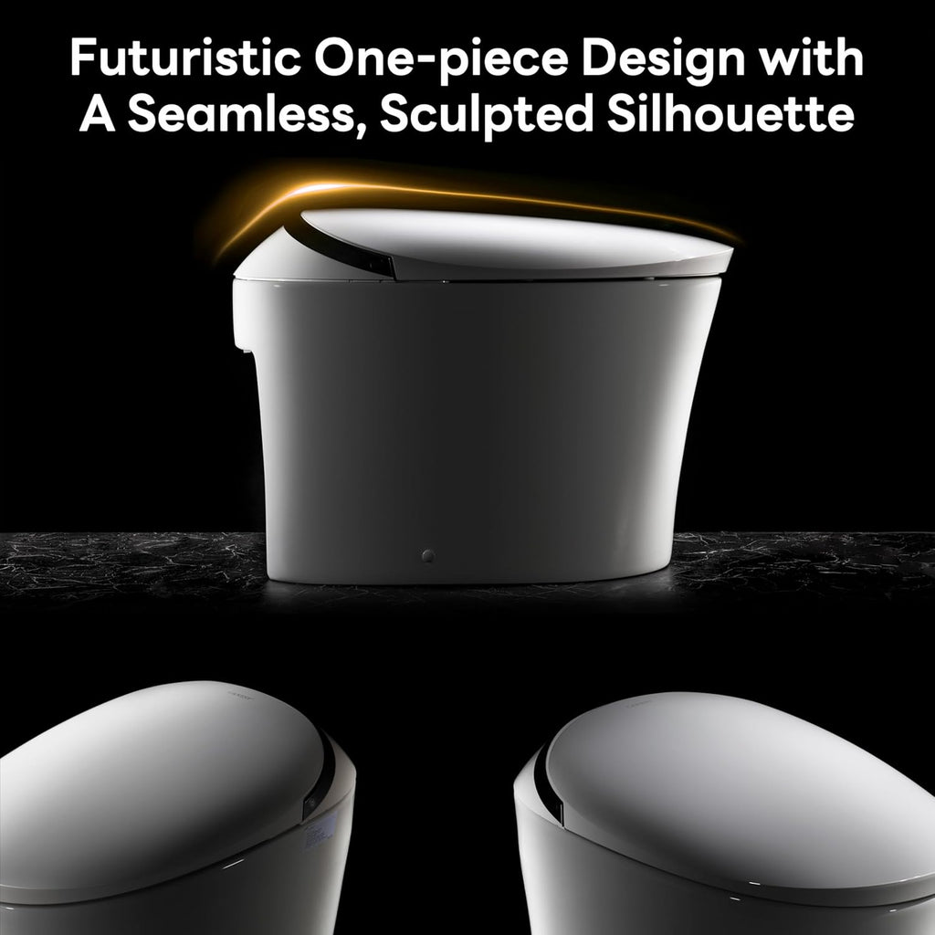 Smart One-Piece Toilet with Built-In Bidet and Tank, Powerful Flush, ADA Comfort Height, Auto Open and Close, Temperature-Controlled Heated Seat, Blackout Flush