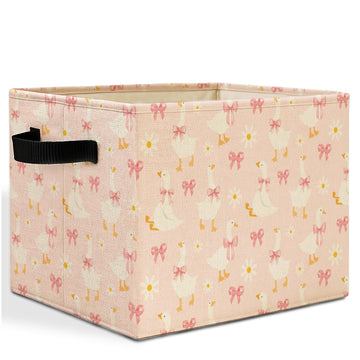 Pink Bow Floral Goose Storage Bins Box with Handles, Goose Nursery Decor, Preppy Geese Laundry Basket Hamper