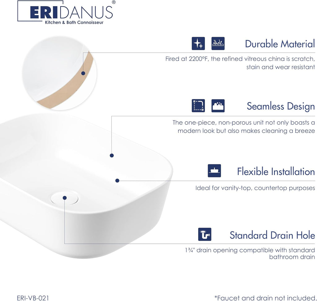 Bathroom Vessel Sink, Eridanus 18" x 13" White Vessel Sink Rectangular Bathroom Sink Porcelain Ceramic Vessel Sinks