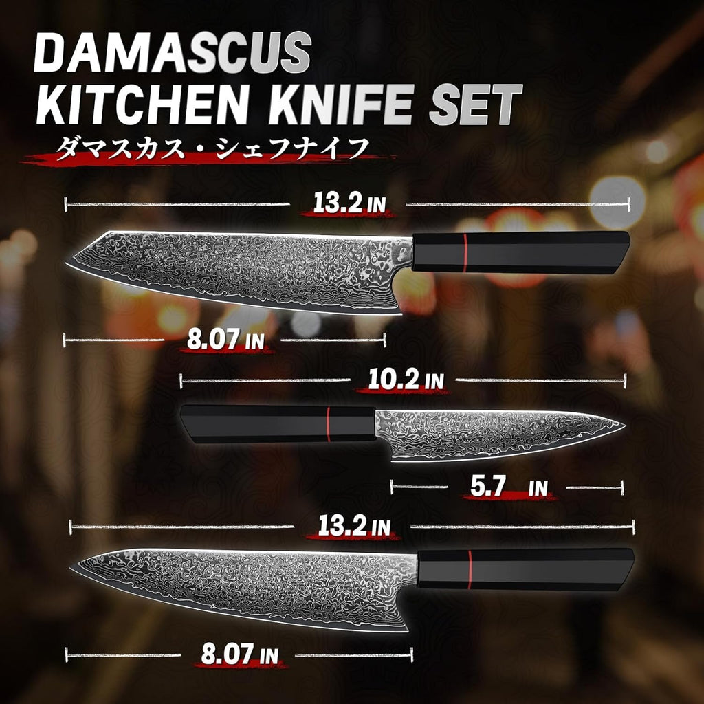 Damascus Knife Set 3 PCS - VG10 Kitchen Knife With Octagonal Handle | VG10 high-carbon steel, Japanese Artisanal