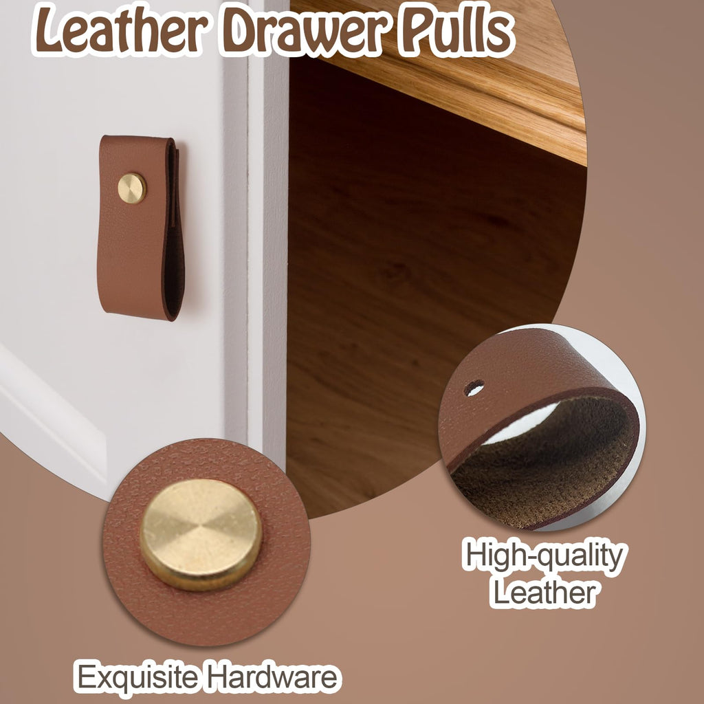 Brown Leather Drawer Pulls, 12 Pack, Single Hole Knobs