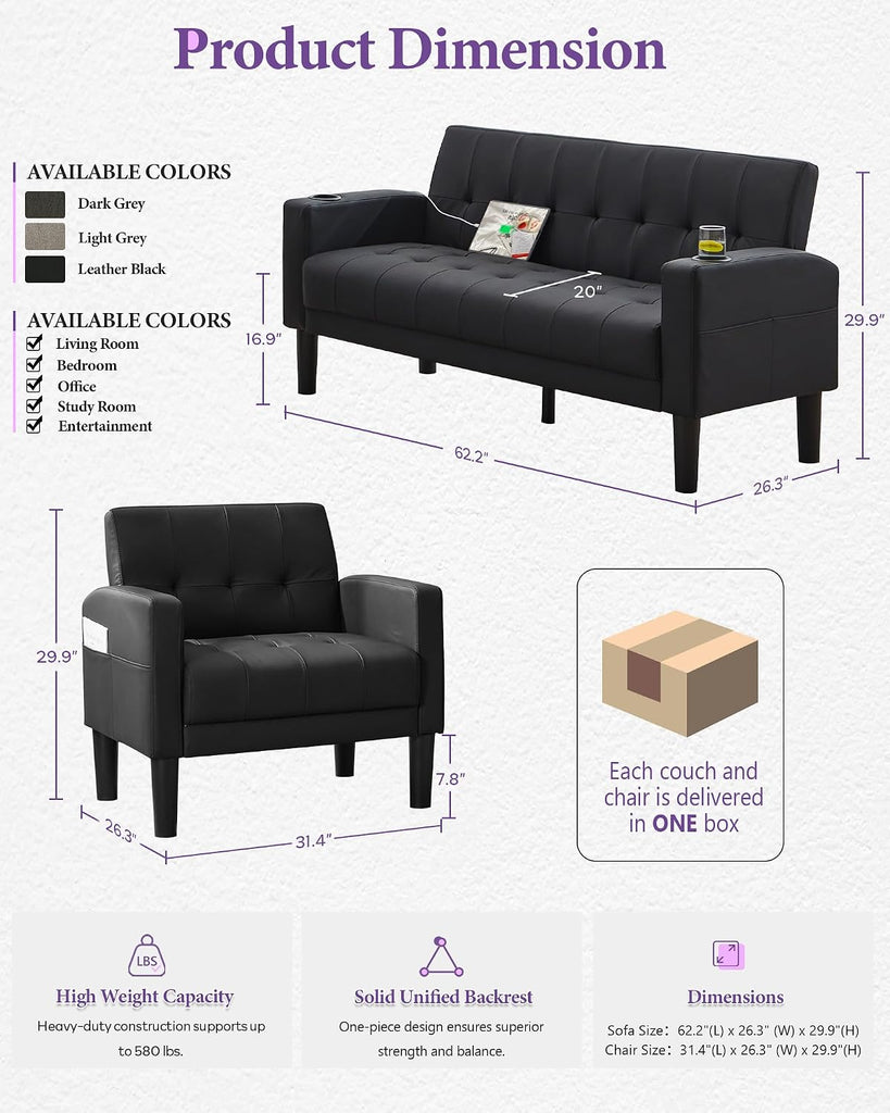 Light Grey Couch and Chairs Set, 3 Piece Living Room Furniture Set with USB & Type-C Ports, Fabric Loveseat Sofa and