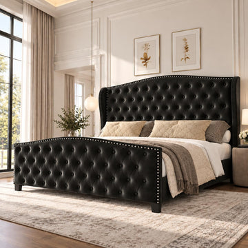 King Size Bed Frame Velvet Upholstered Platform Bed with Wingback Headboard & Footbaord, Deep Button Tufted Bed Frame